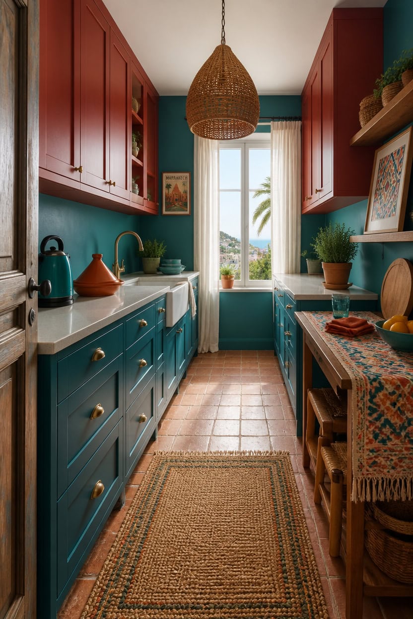 Bright kitchen with teal and red cabinets, natural light, and decorative accents.
