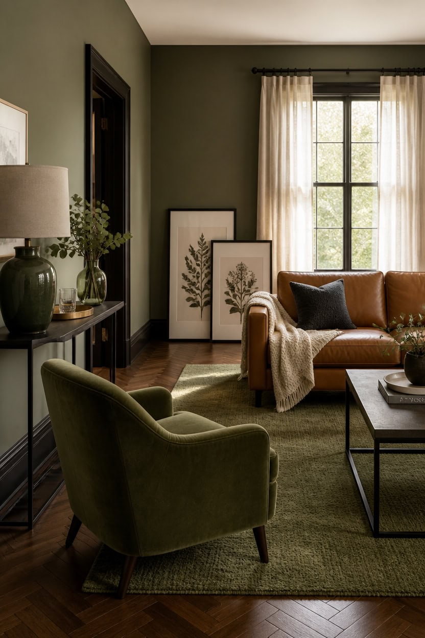 Elegant living room with green armchair, brown sofa, and framed botanical art.