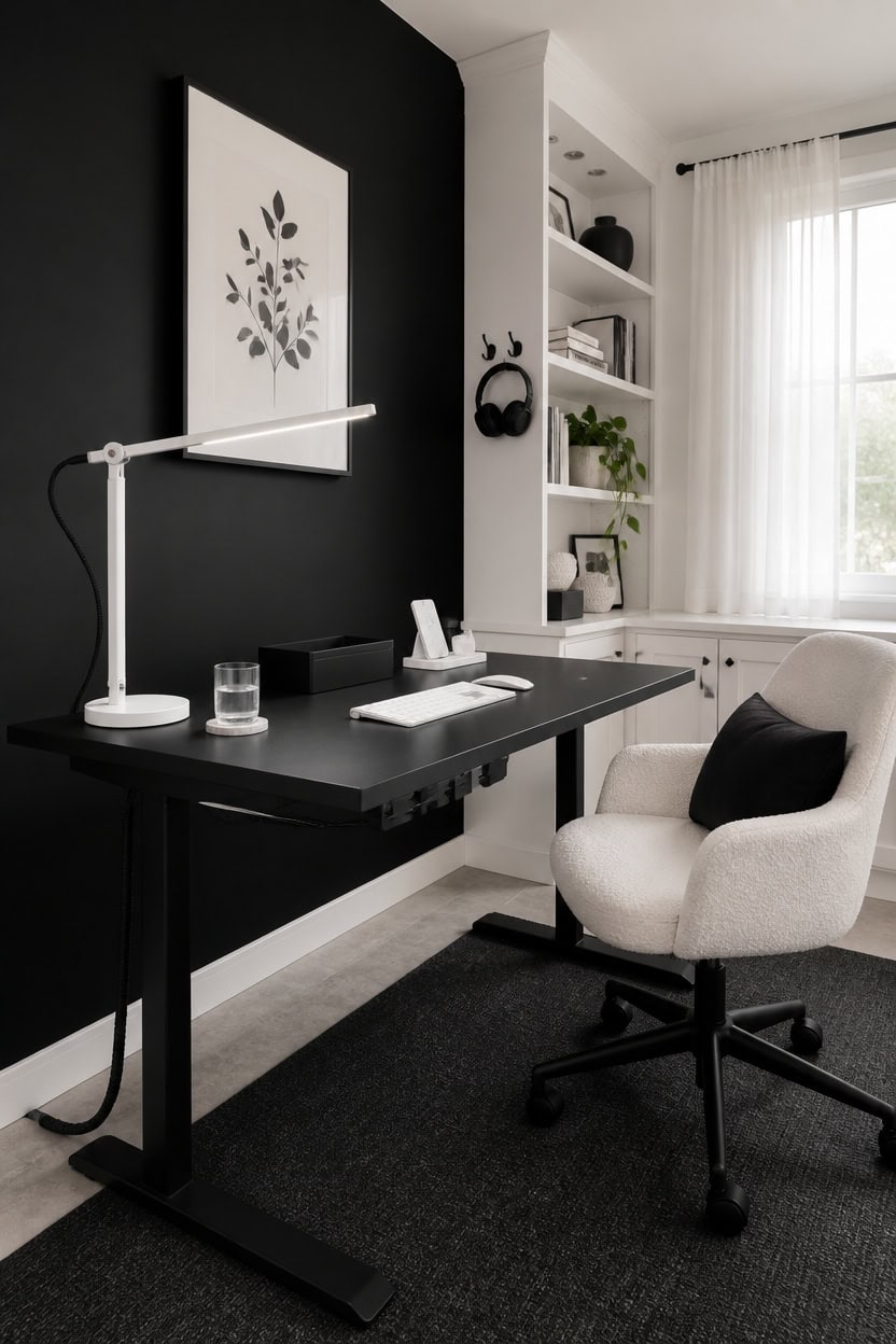 Contemporary home office with black and white decor and ergonomic chair.