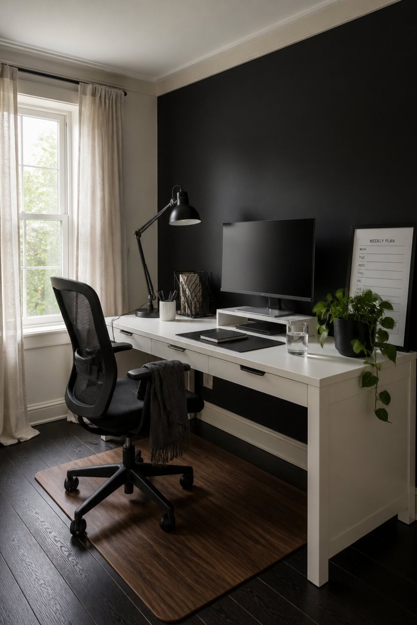 Home office with desk, monitor, and black accent wall at Apartment ABC.