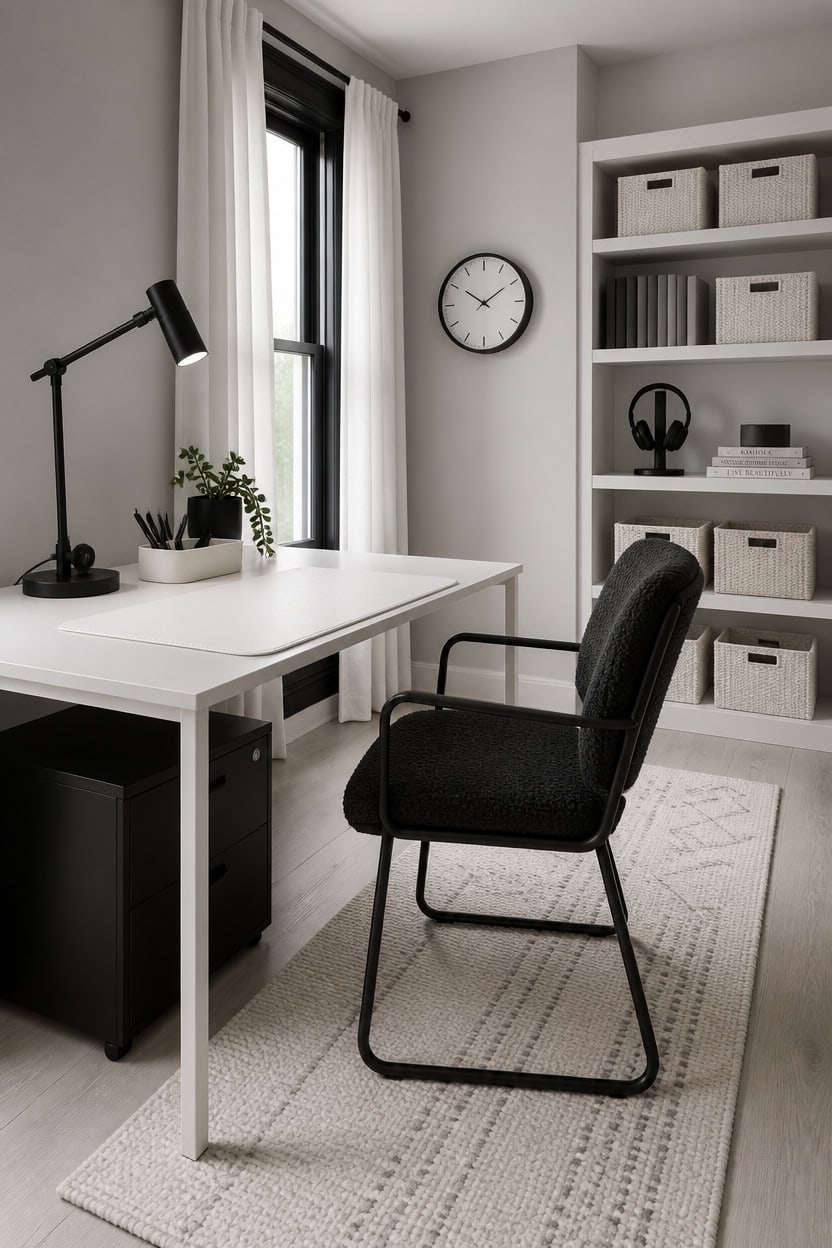 Contemporary home office with white desk, black chair, and shelving unit.