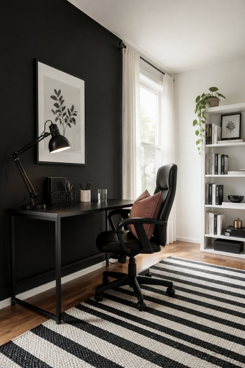 Cozy home office with black accent wall, desk, and ergonomic chair.