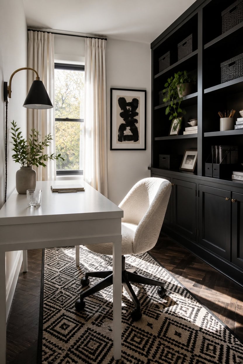 Bright home office with white desk, black shelving, and natural light from window.