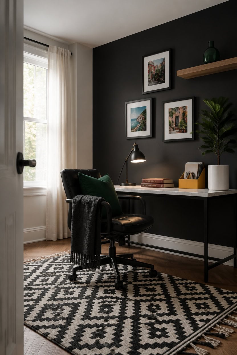 Cozy home office with black accent wall, desk, and framed art.