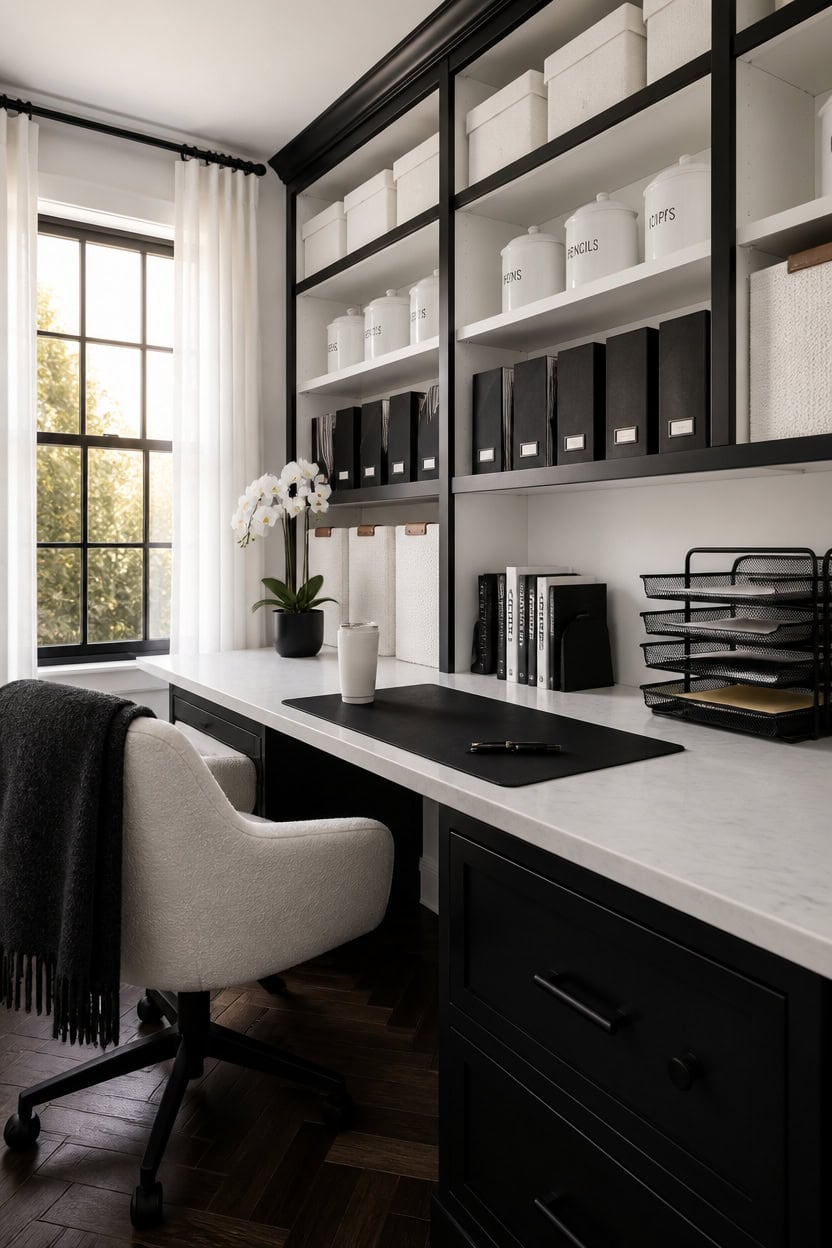 Stylish home office with black and white storage shelves and a large window.