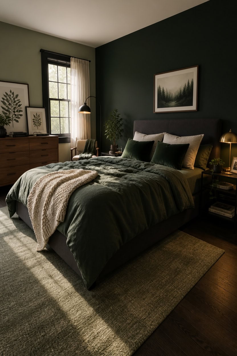 moody deep green bedroom