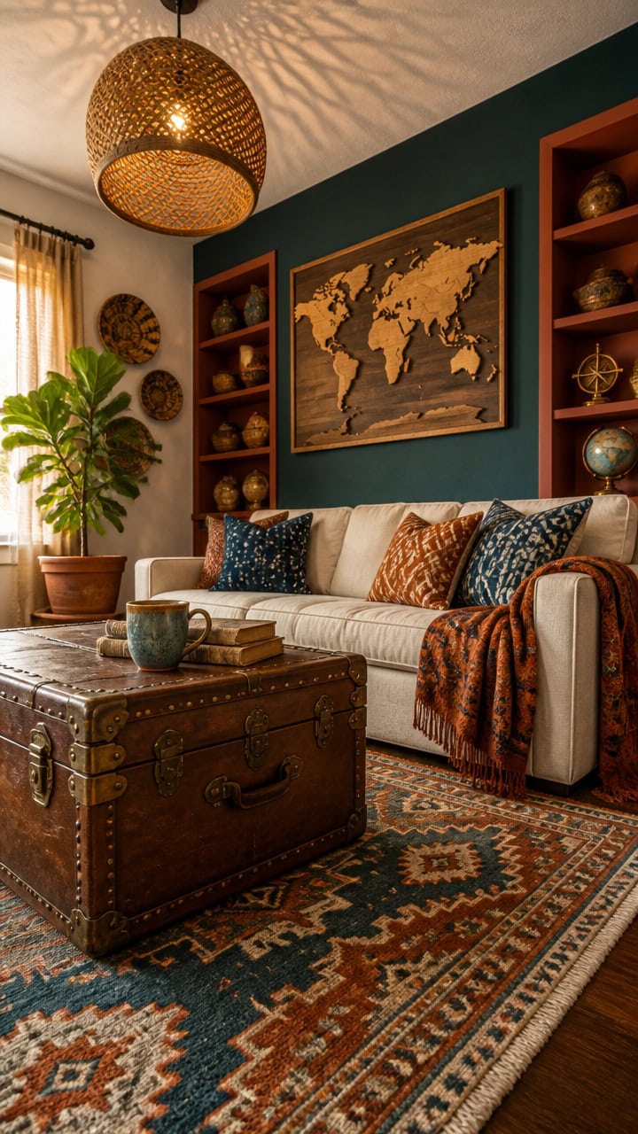 Stylish living room with a world map wall art, plush sofa, and warm lighting.