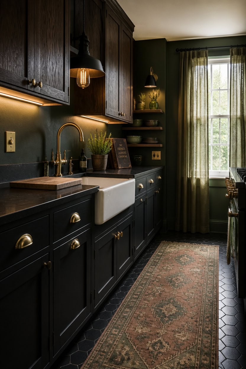 Cozy kitchen with dark cabinetry, gold fixtures, and natural light from window.