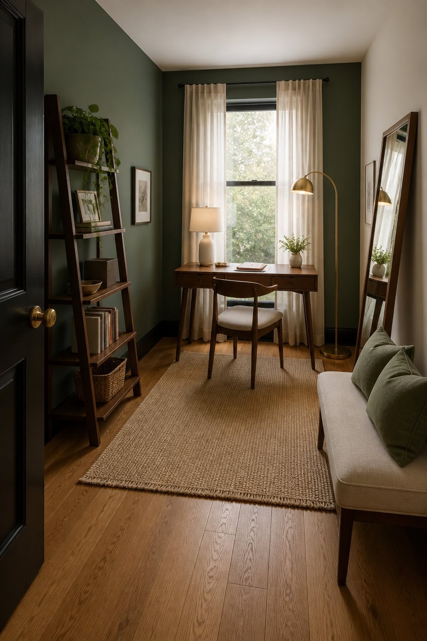 Bright home office with desk, chair, bookshelf, and large window with curtains.
