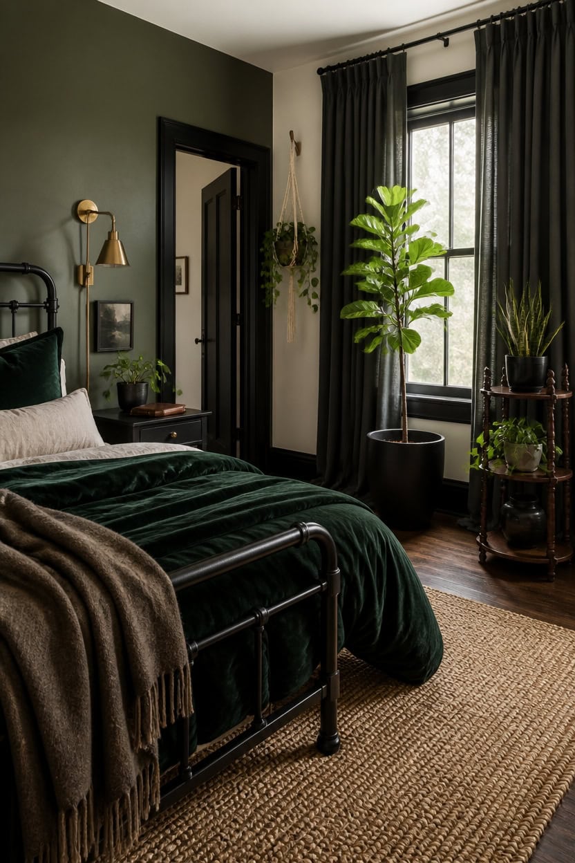 Modern bedroom with dark green walls, black furniture, and lush indoor plants.