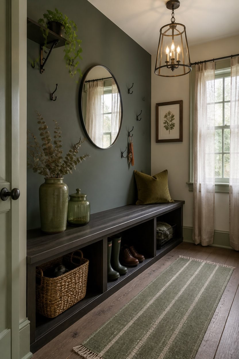 Cozy entryway with mirror, plants, and a chandelier in a modern apartment.