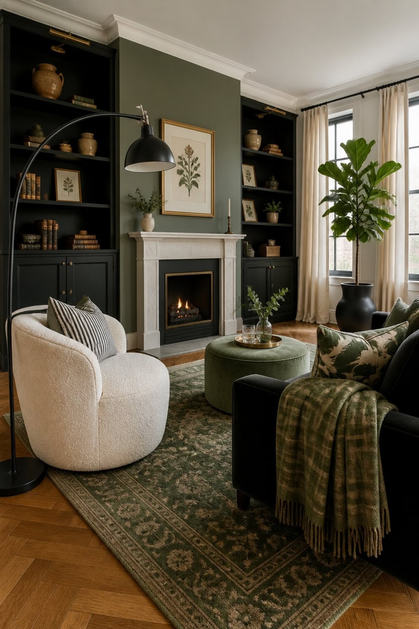 Stylish living room with fireplace, green accent wall, and large potted plant.