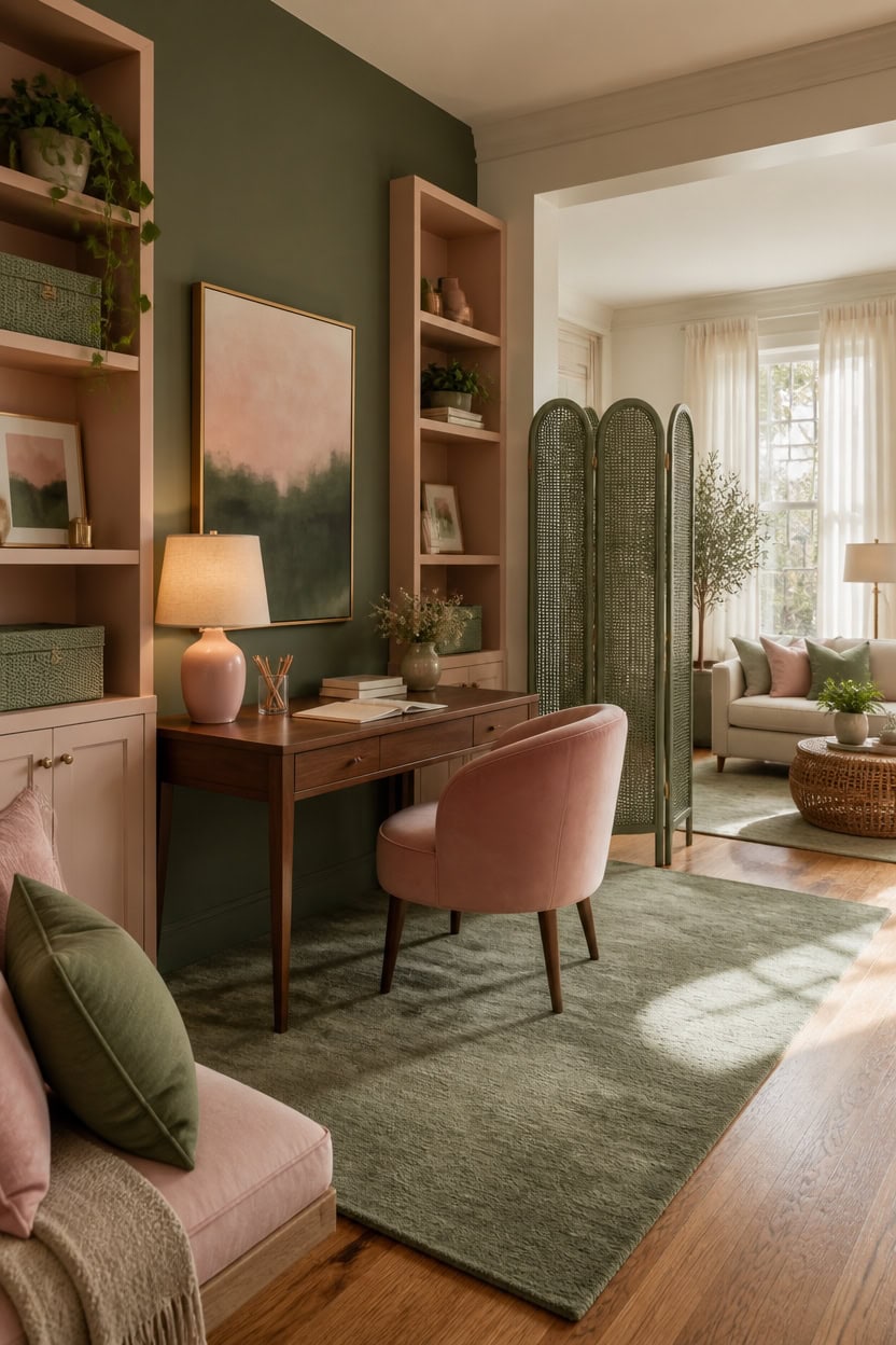 muted green pink accents