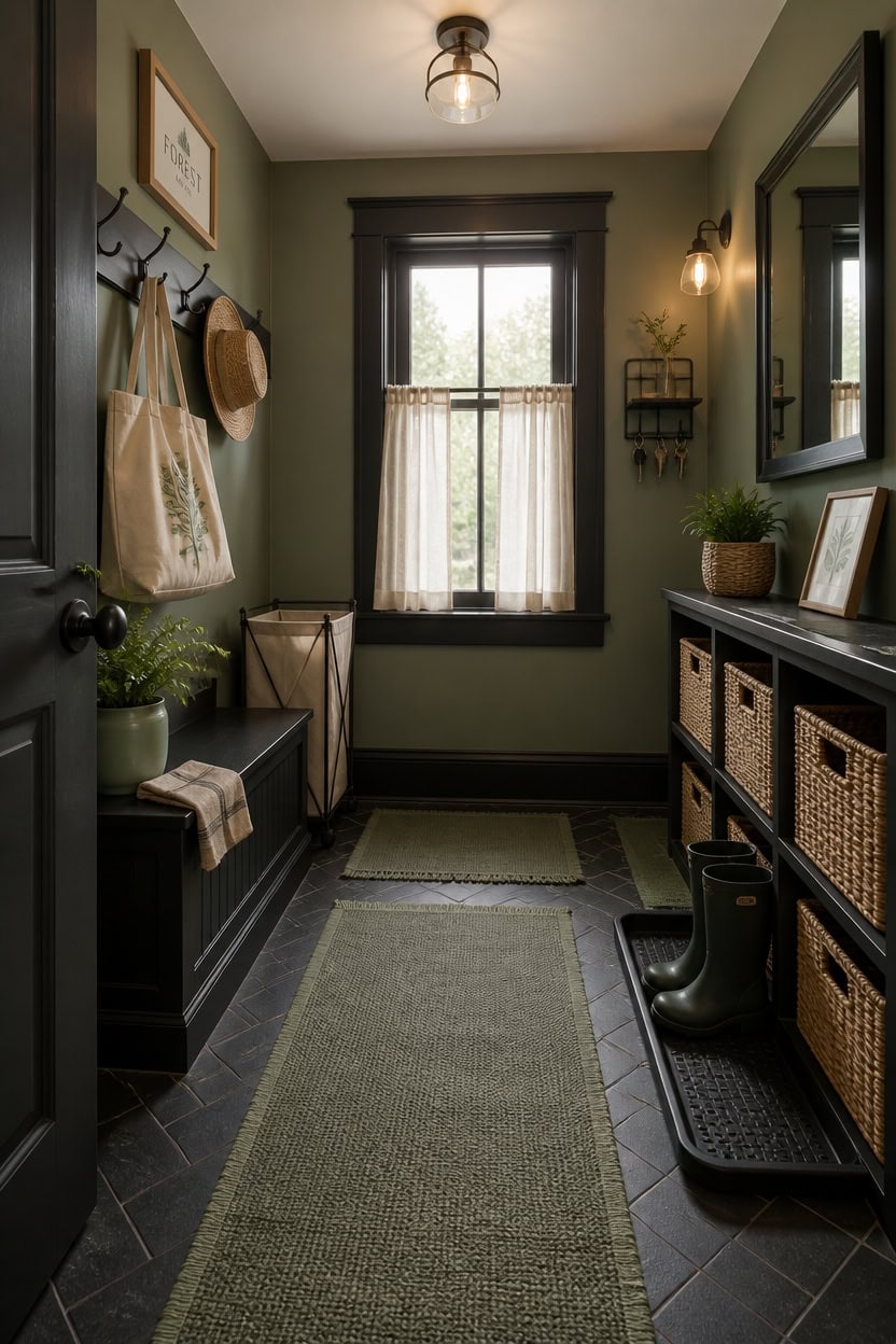 Inviting apartment entryway with hooks, window, and storage baskets.