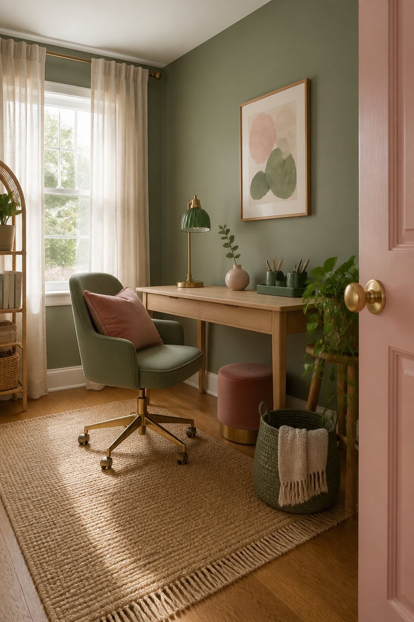 muted green with blush accents