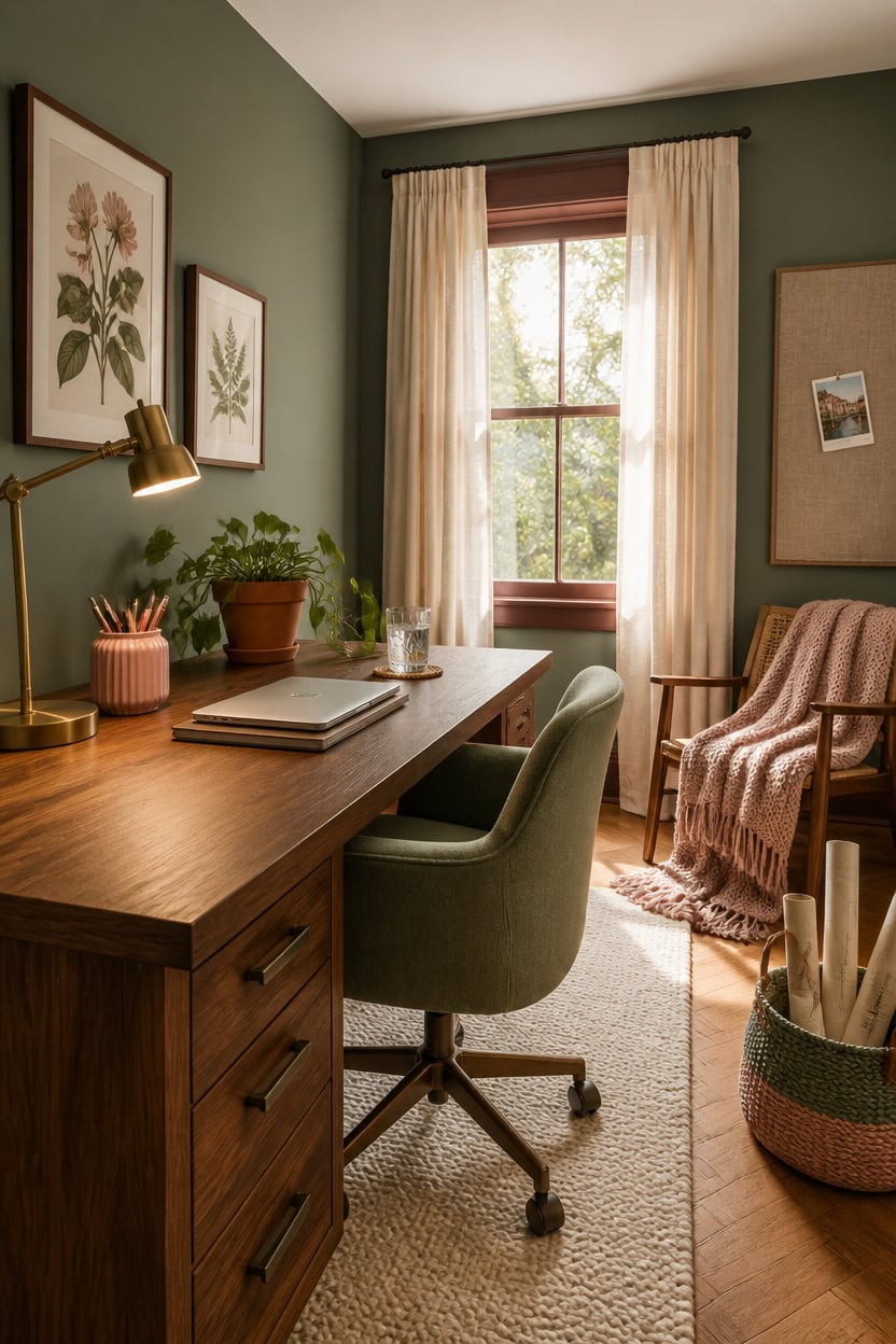 muted green with pink accents