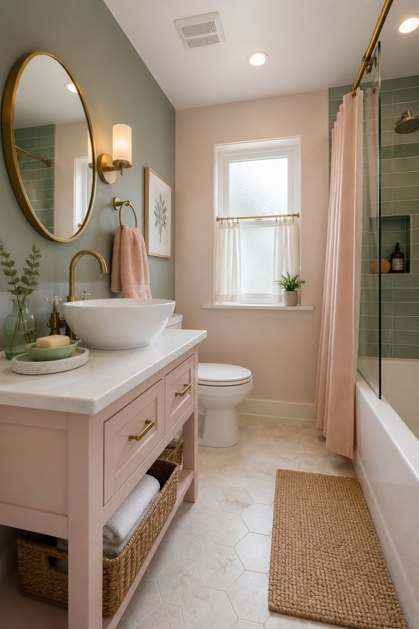 Bright bathroom with a white vanity, round mirror, and a glass shower.