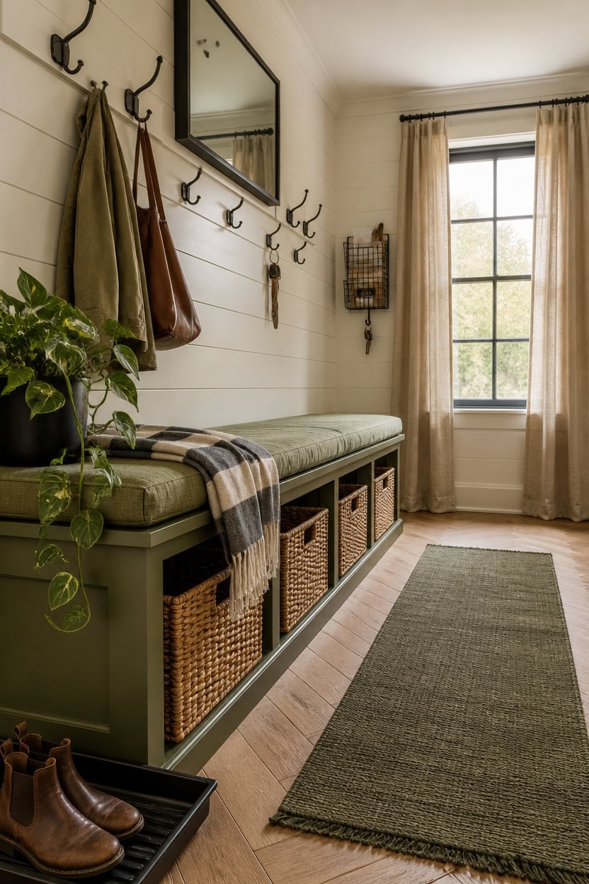 Bright entryway with bench, hooks, mirror, and window view.