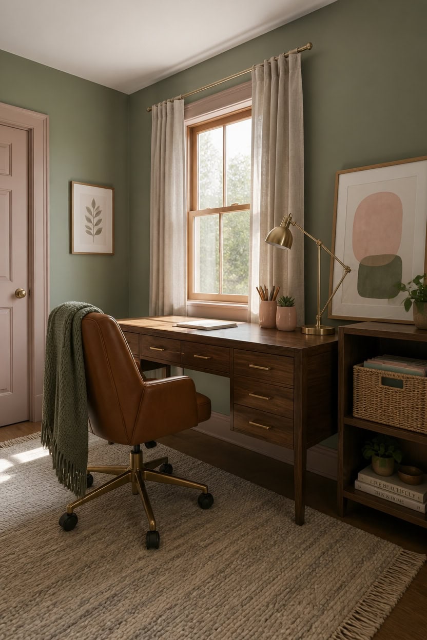 muted pink and green office