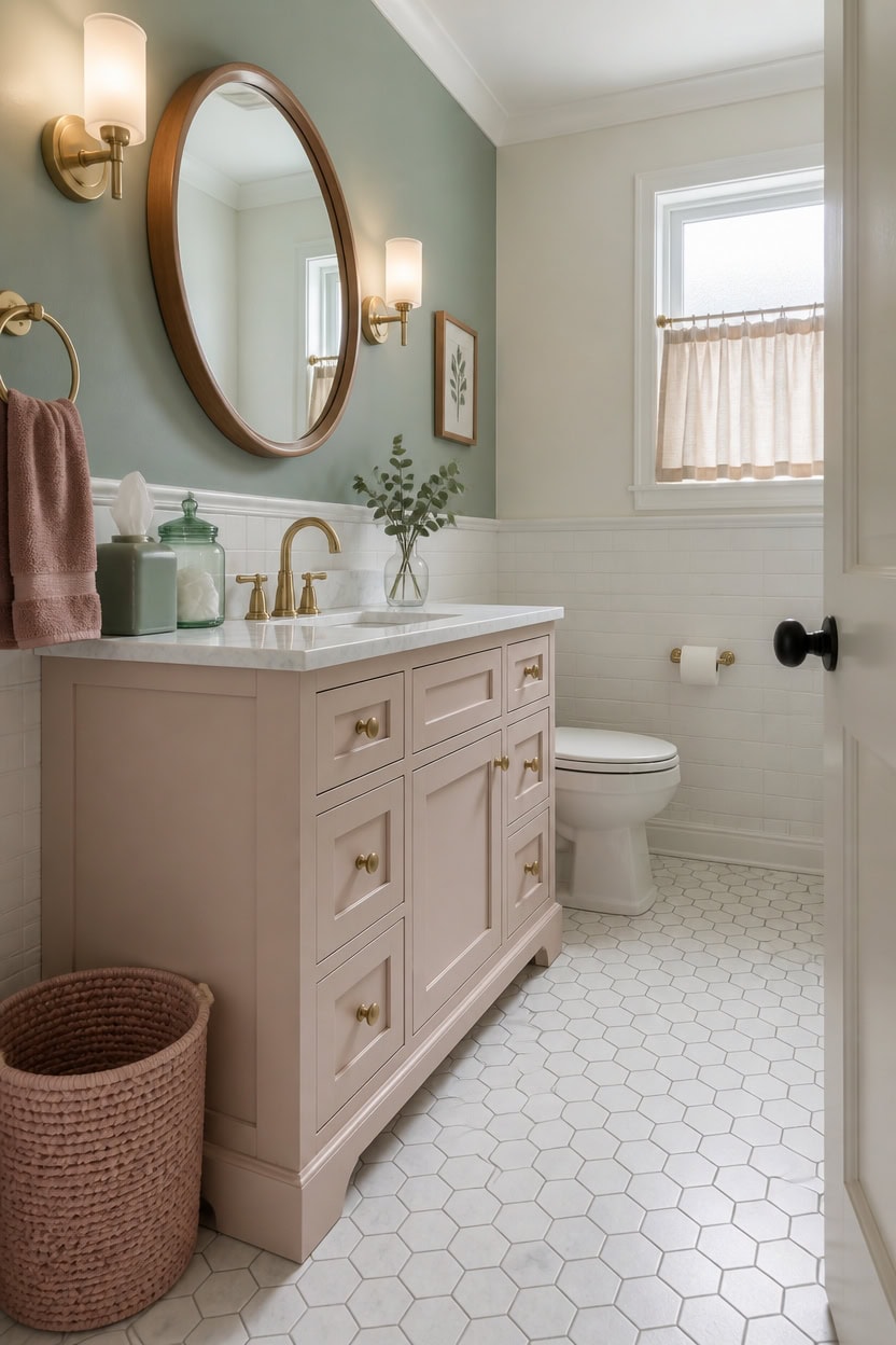 Bright bathroom with vintage vanity, round mirror, and natural light.