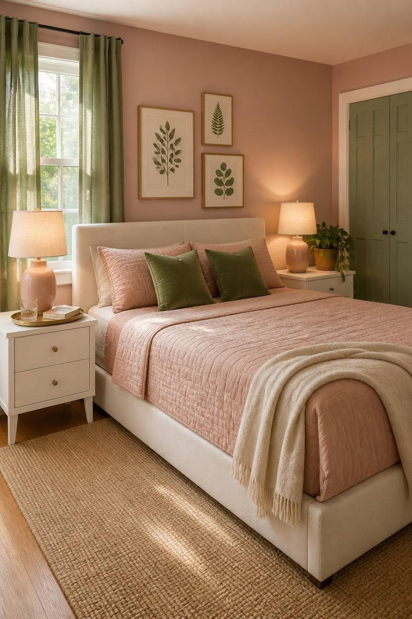 Elegant bedroom with pink walls, green curtains, and botanical art.
