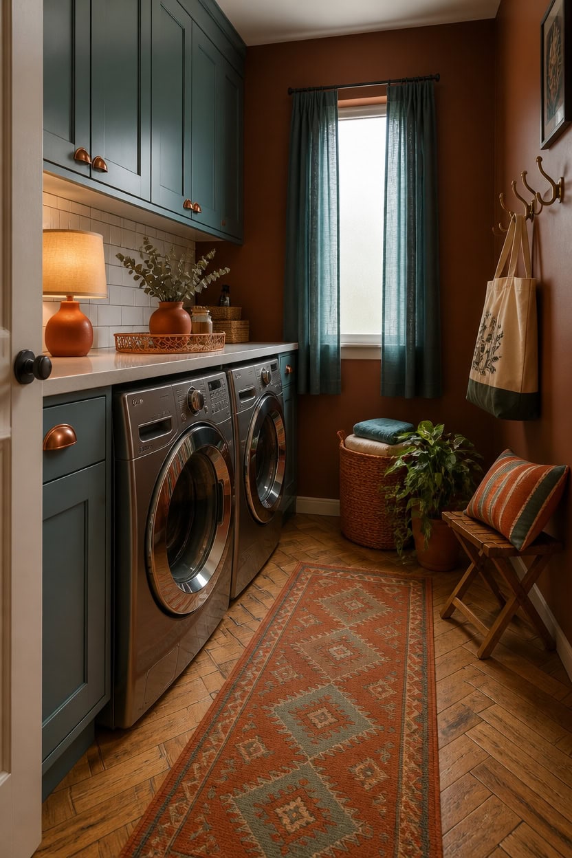 Cozy laundry room with teal cabinets, washer and dryer, and warm decor accents.
