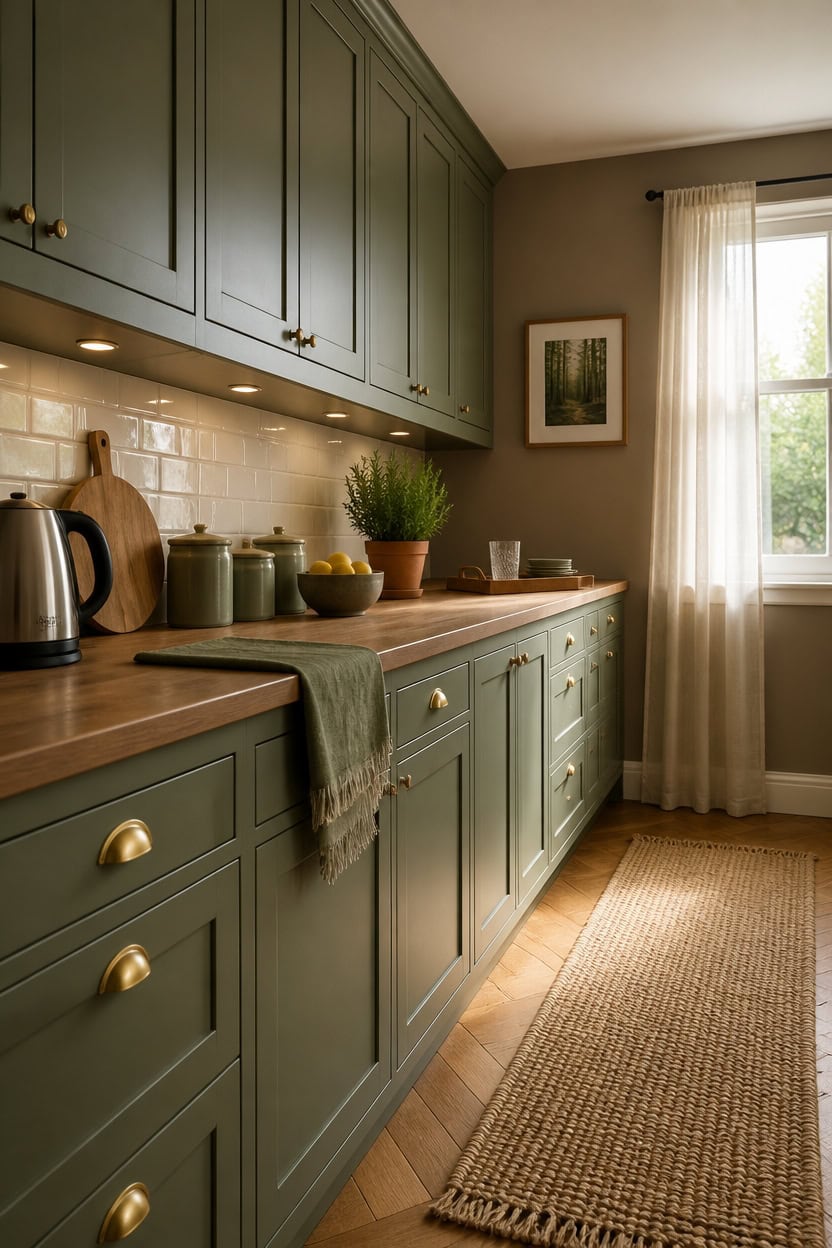 Green kitchen cabinets with wooden countertop and natural light from window.