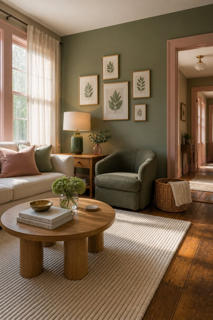 Comfortable living room with green accent wall, framed botanical art, and natural light.