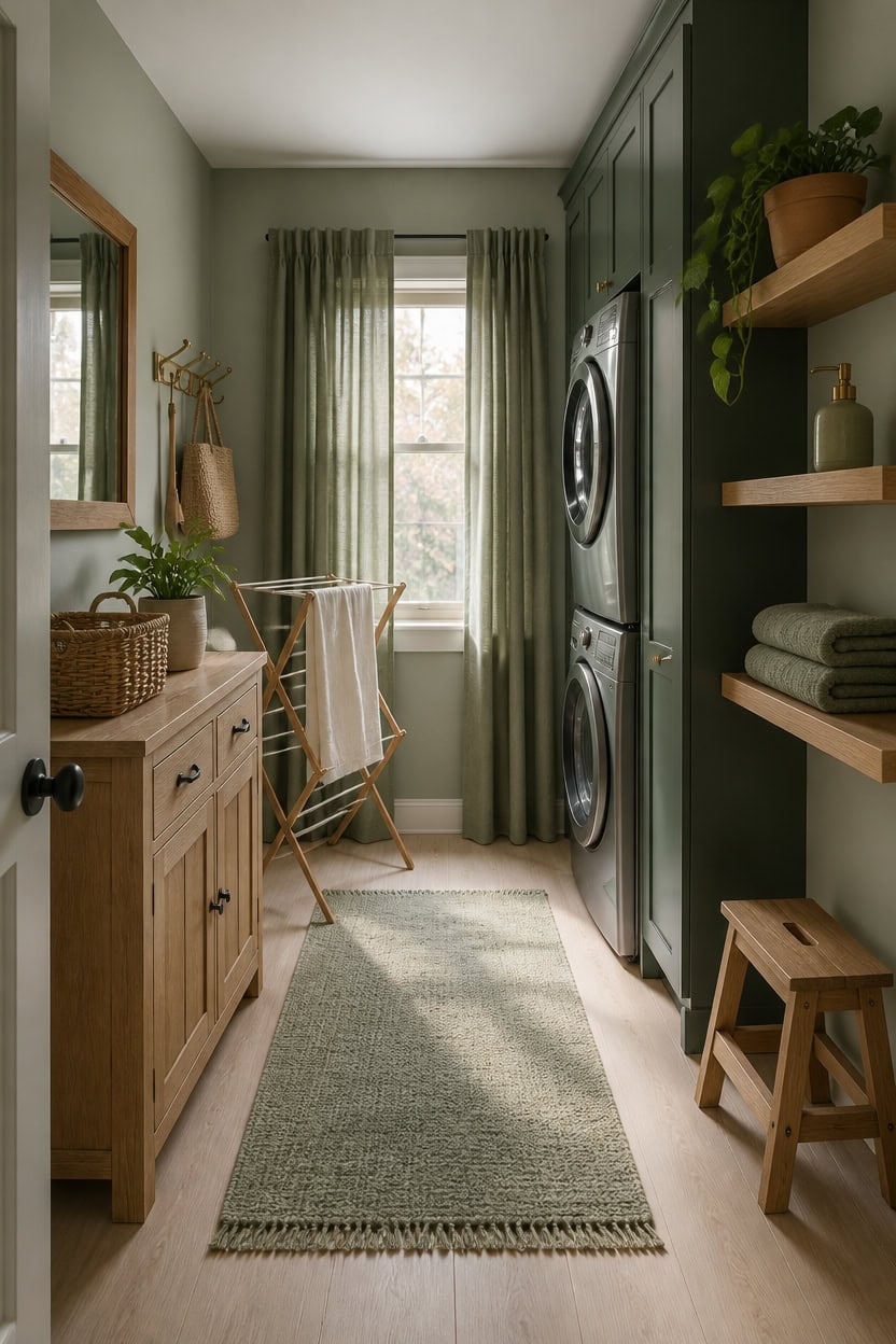 Bright laundry room with washer, dryer, and green decor accents.