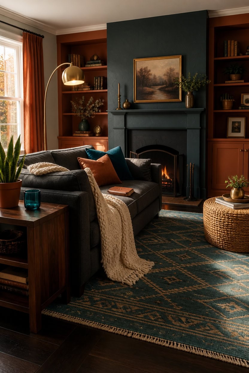 Warm living room with fireplace, bookshelves, and comfortable seating.