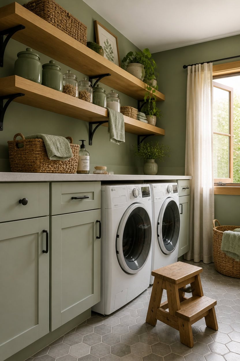 Bright laundry room with green cabinets, open shelves, and a window with curtains.
