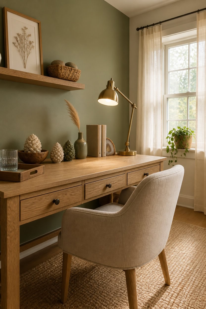 Home office with wooden desk, beige chair, and green wall decor.