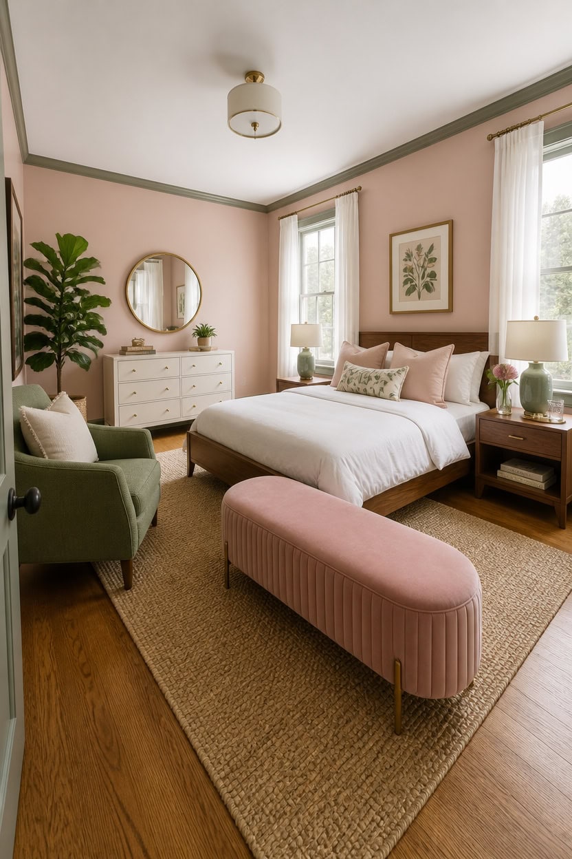 Bright bedroom with pink walls, large window, and stylish furniture.