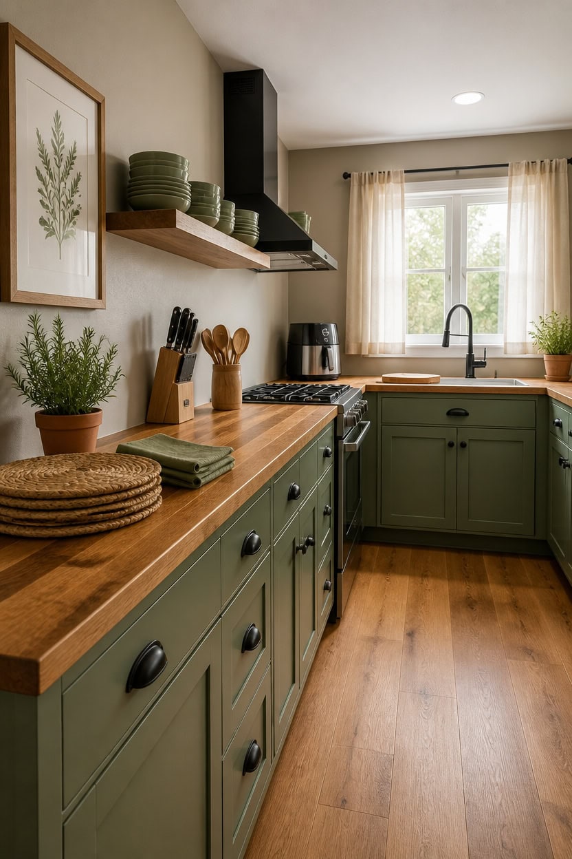 Bright kitchen with green cabinets, wooden countertops, and a large window.