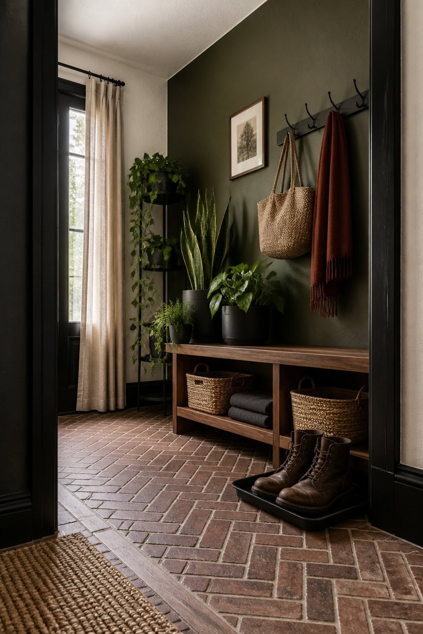 Cozy apartment entryway with plants, hooks, and shoes on brick floor.