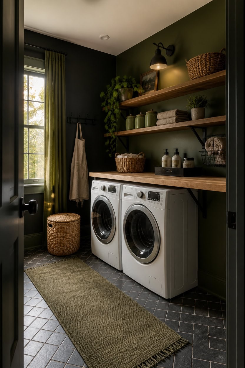 Cozy laundry room with washer, shelves, and green walls at Apartment ABC.