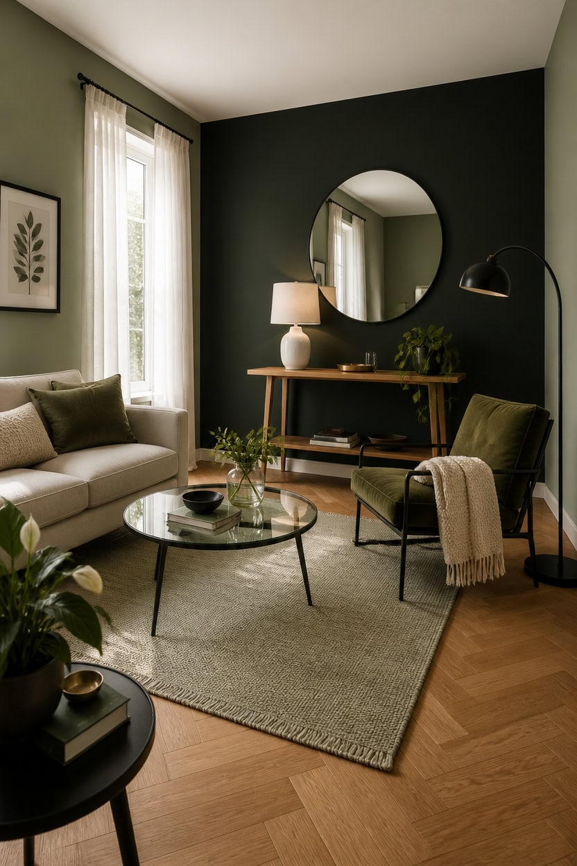 Stylish living room with green walls, sofa, armchair, and round mirror.