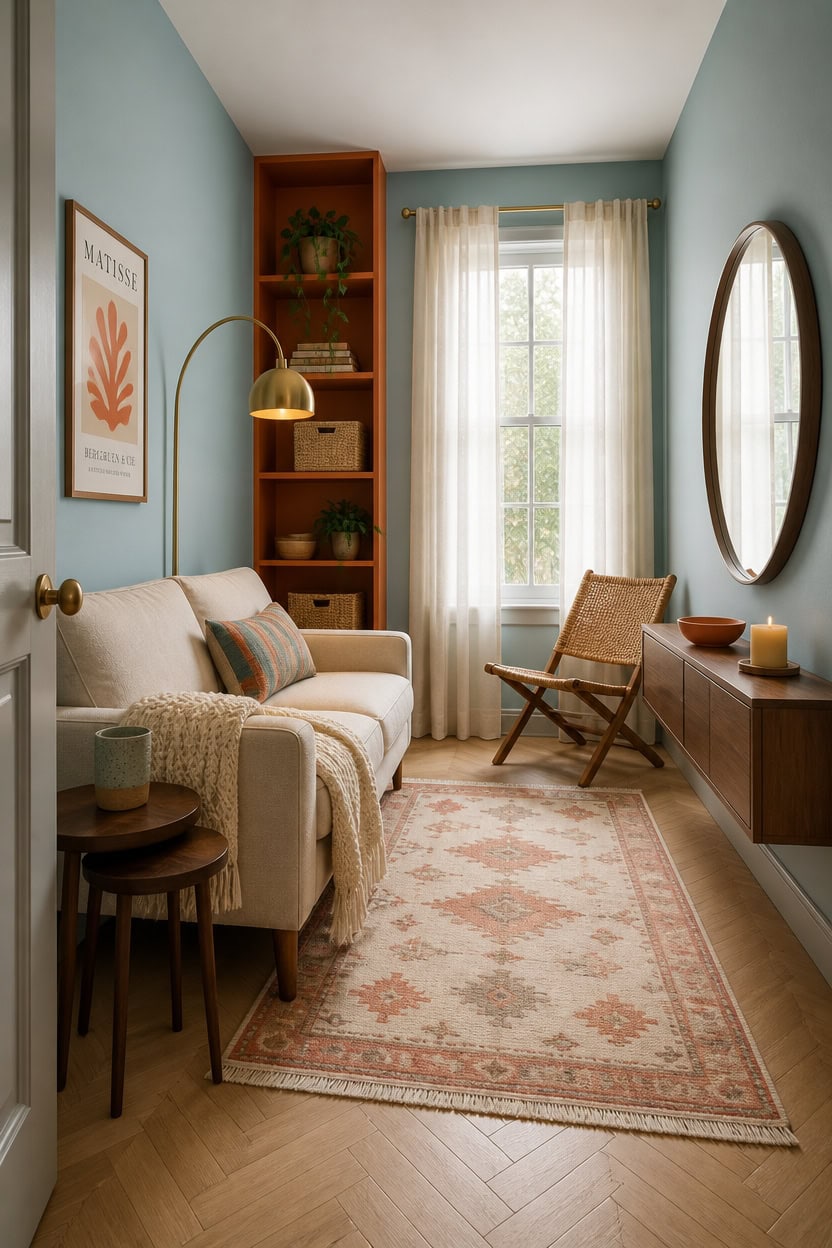 Bright living room with beige sofa, wooden accents, and large window.