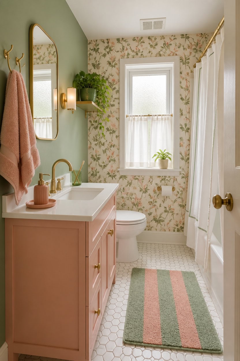 Bright bathroom with pink vanity, floral wallpaper, and natural light from window.