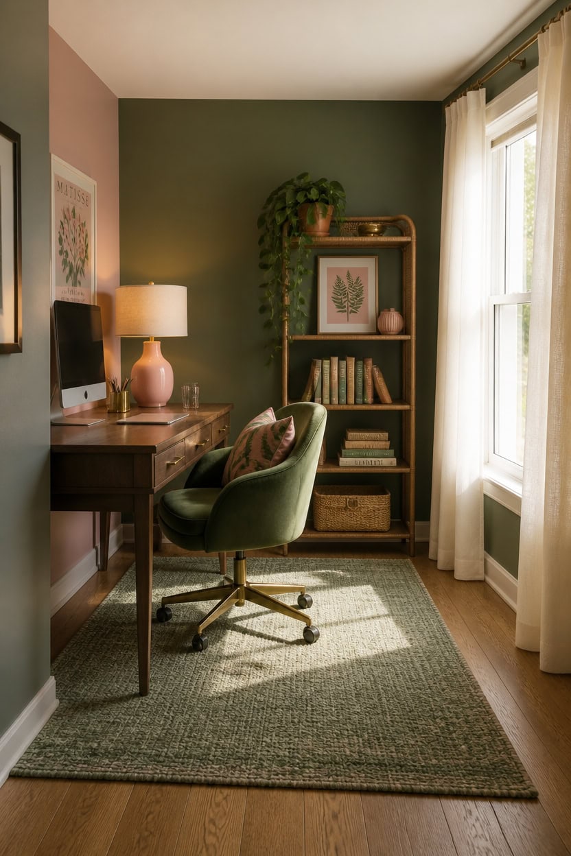 Home office with green wall, wooden desk, and bookshelf near window.