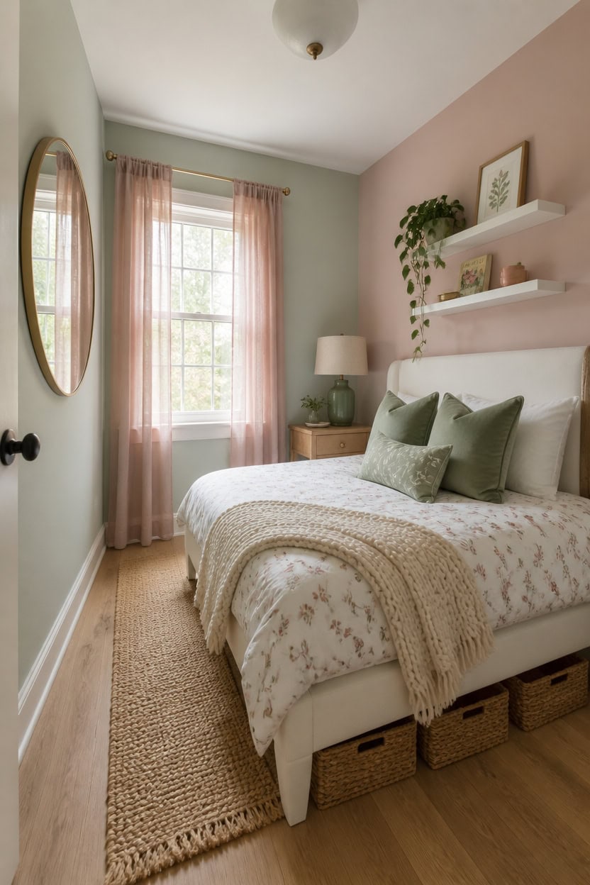 Bright bedroom with pastel walls, white bed, and natural light from window.