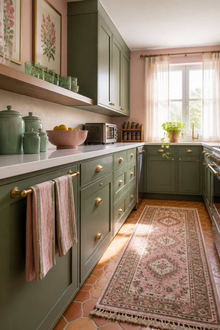 pink accented green kitchen balance