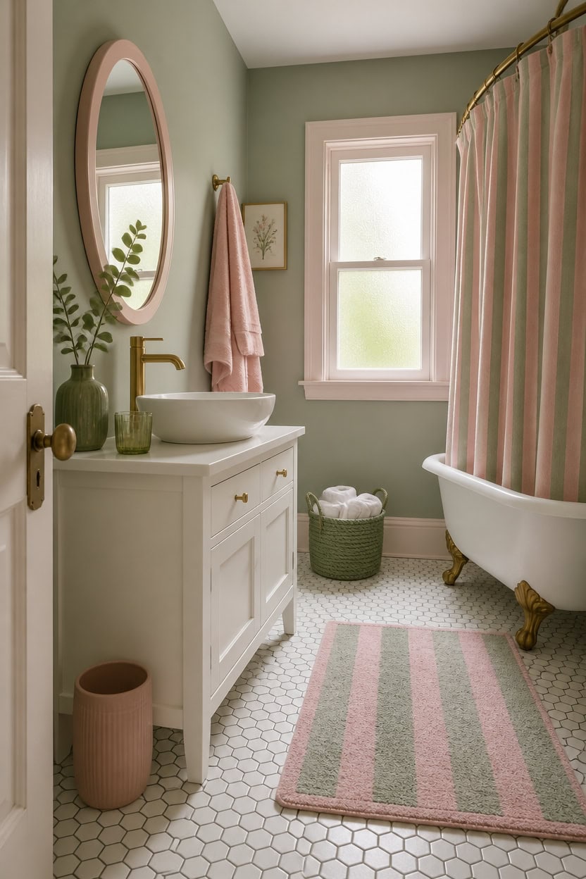 Bright bathroom with vintage clawfoot bathtub, pink striped shower curtain, and green accents.
