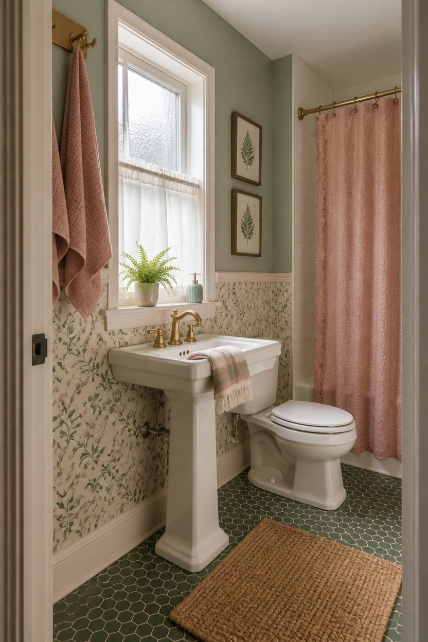 Bright bathroom with vintage sink, green walls, and pink shower curtain.