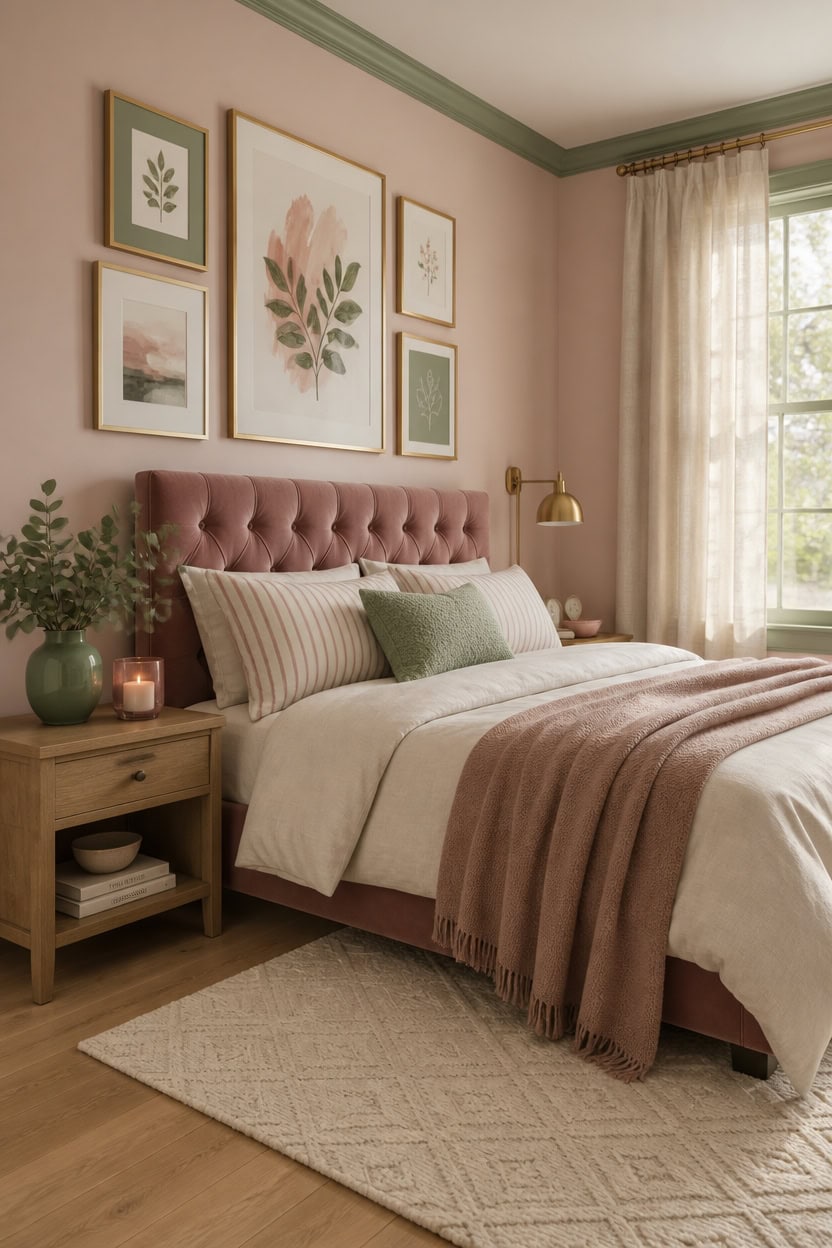Beautiful bedroom with pink tufted headboard, framed art, and natural light.