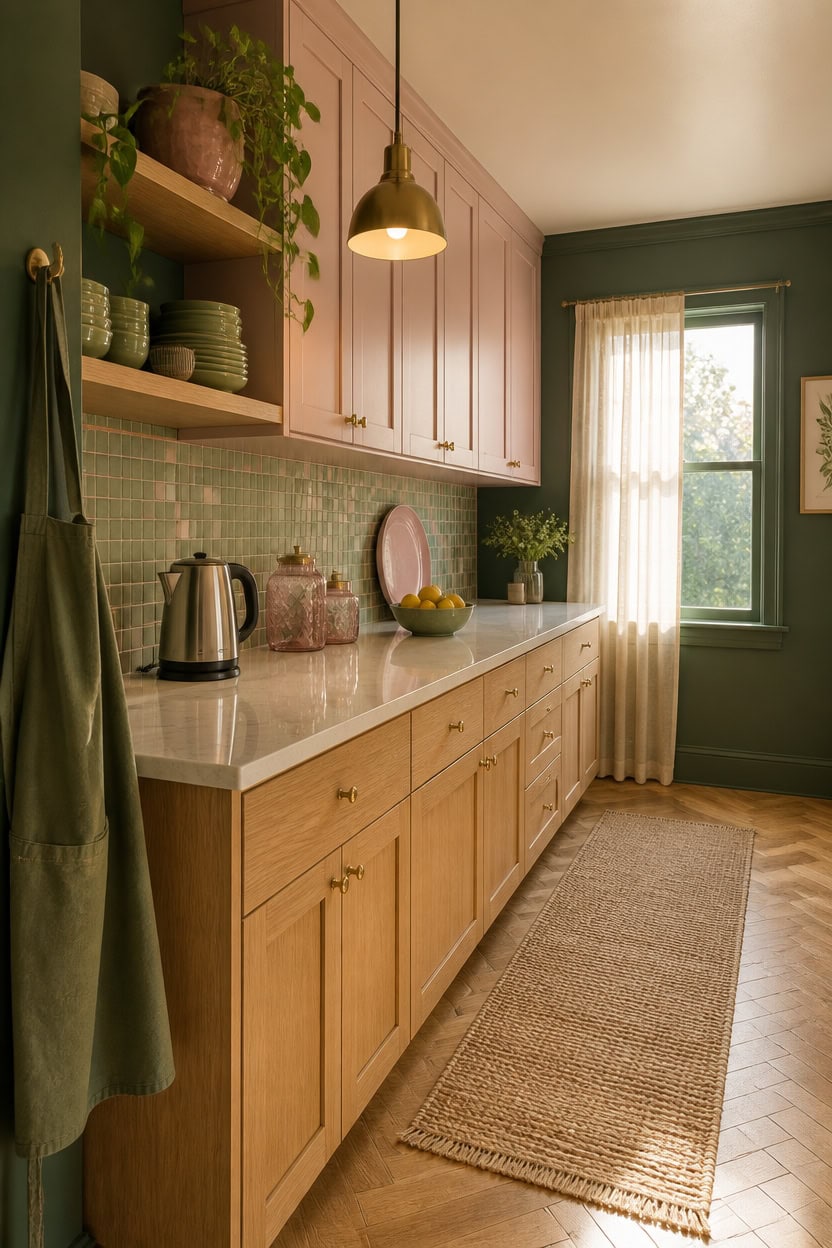 pink and green mosaic backsplash