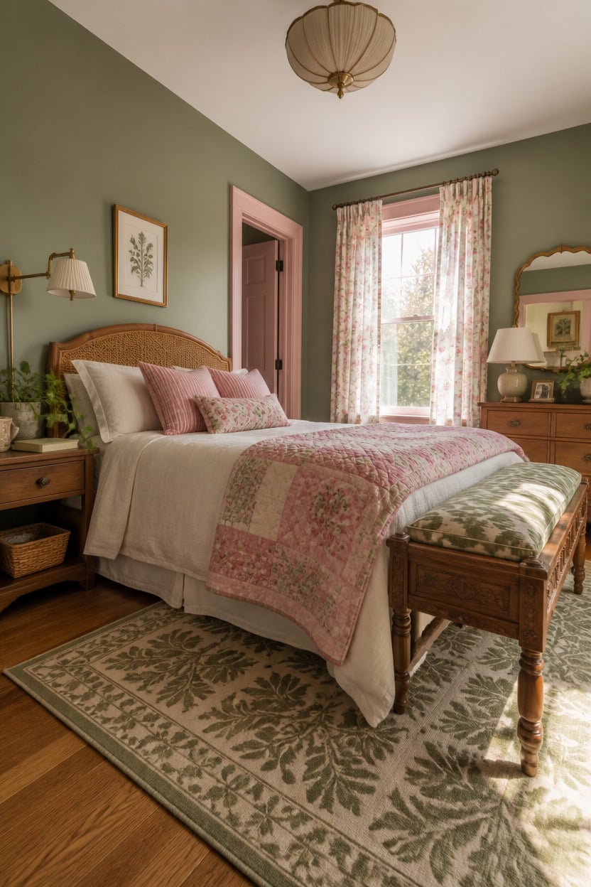 Charming bedroom with pastel colors, floral curtains, and vintage furniture.