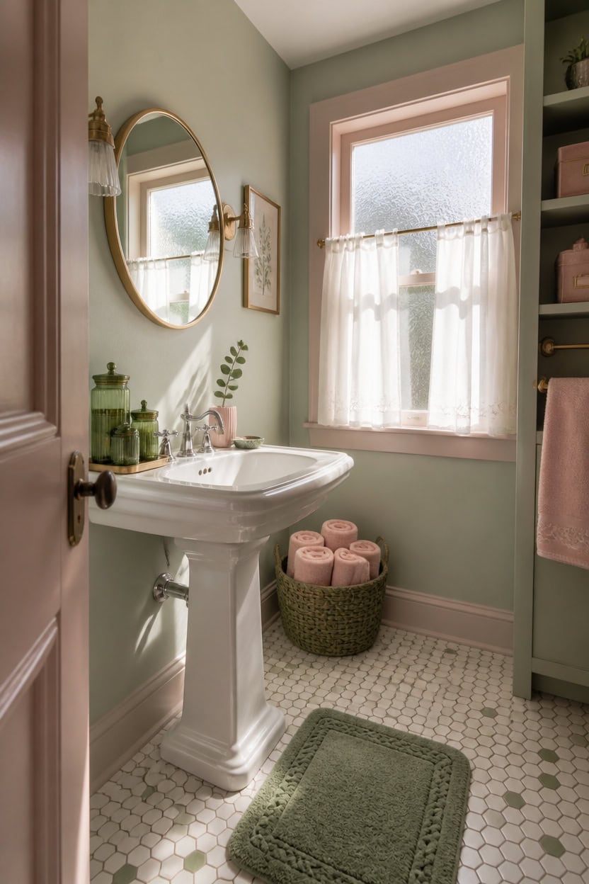 Bright bathroom with vintage pedestal sink, round mirror, and green accents.