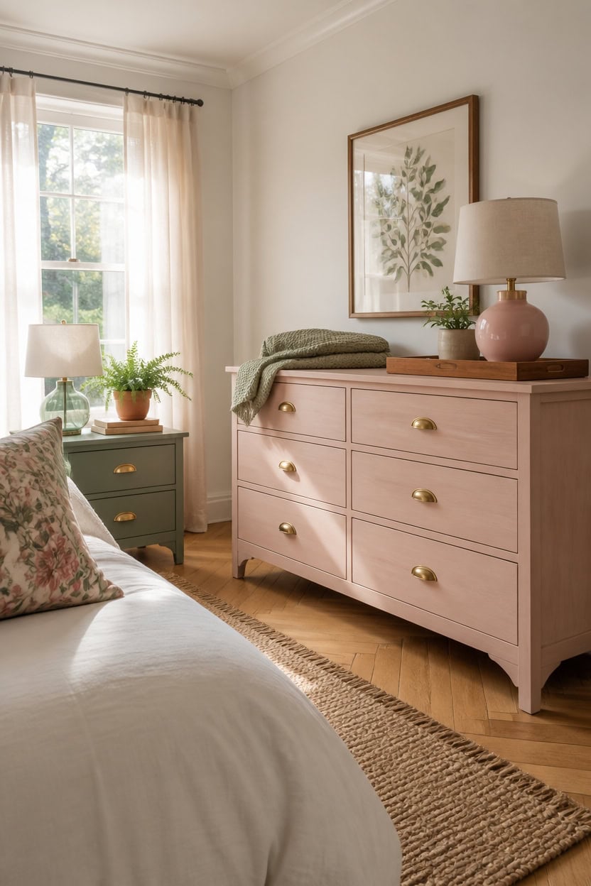Bright bedroom with a dresser, framed art, and natural light from window.