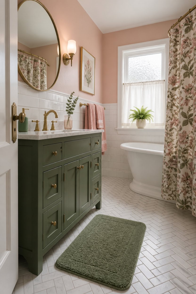 Bright bathroom with green vanity, floral curtains, and a clawfoot tub.